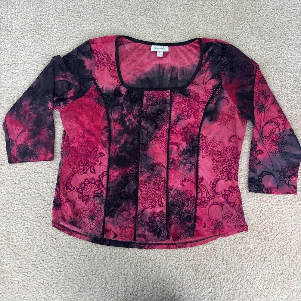 Vintage Dressbarn Y2K Velvet-Flocked Top Womens XL Red & Black Whimsigoth